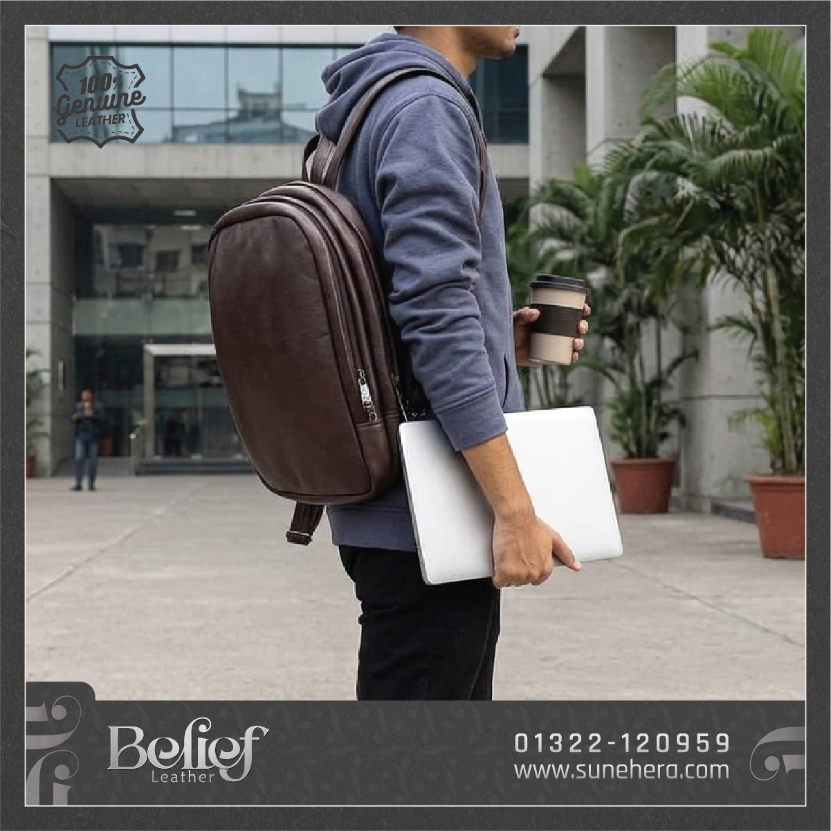 Belif Leather Office Laptop Backpack for Men in Brown Color - Image 2